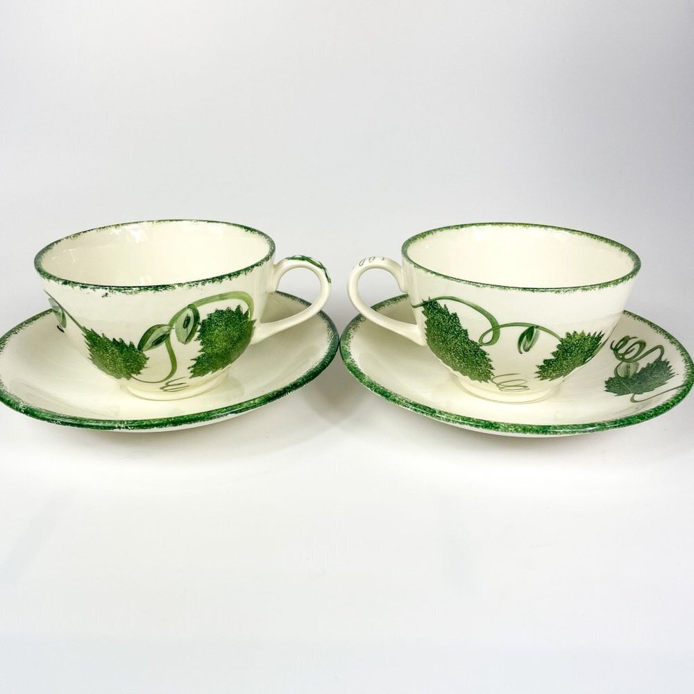 Poole Pottery Green Leaf Breakfast Cup and Saucer 2 sets